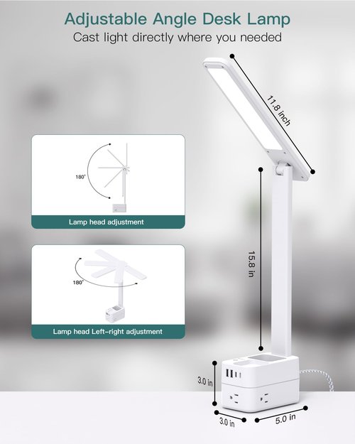Addtam LED Desk Lamp with Pen Holder, Study Lamps with 3 Outlets 4 USB Charging Ports(2 USBC), 3 Color Modes Desk Light Touch Lamp, Small Desk Lamps for Home Office College Dorm Room Essentials
