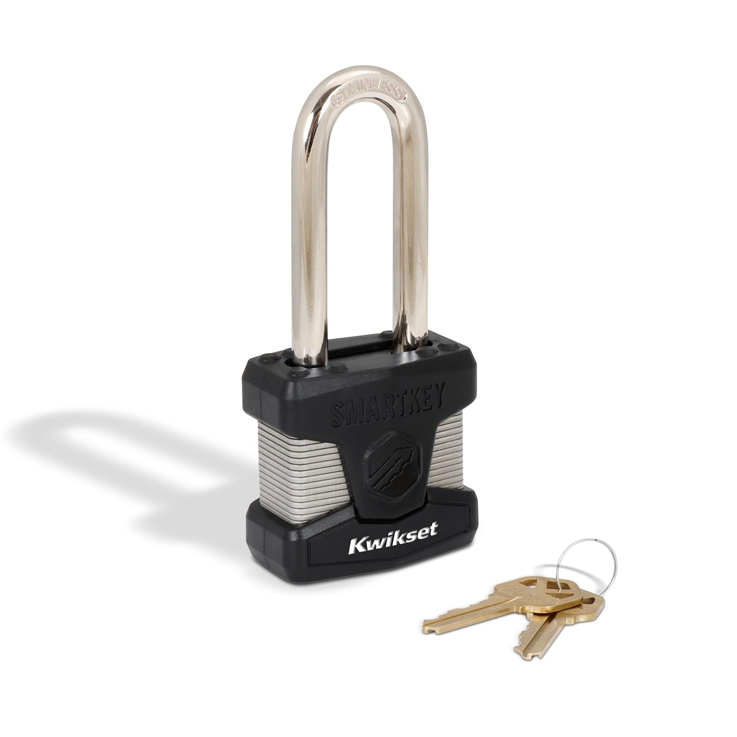 Kwikset SmartKey Re-Keyable Laminated Steel Padlock with Stainless Steel Shackle, Outdoor Gate and Storage Lock, 2 in Body, 2-1/2 in Shackle, 1 Pack, Silver