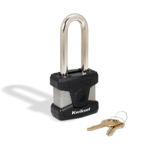 Kwikset SmartKey Re-Keyable Laminated Steel Padlock with Stainless Steel Shackle, Outdoor Gate and Storage Lock, 2 in Body, 2-1/2 in Shackle, 1 Pack, Silver