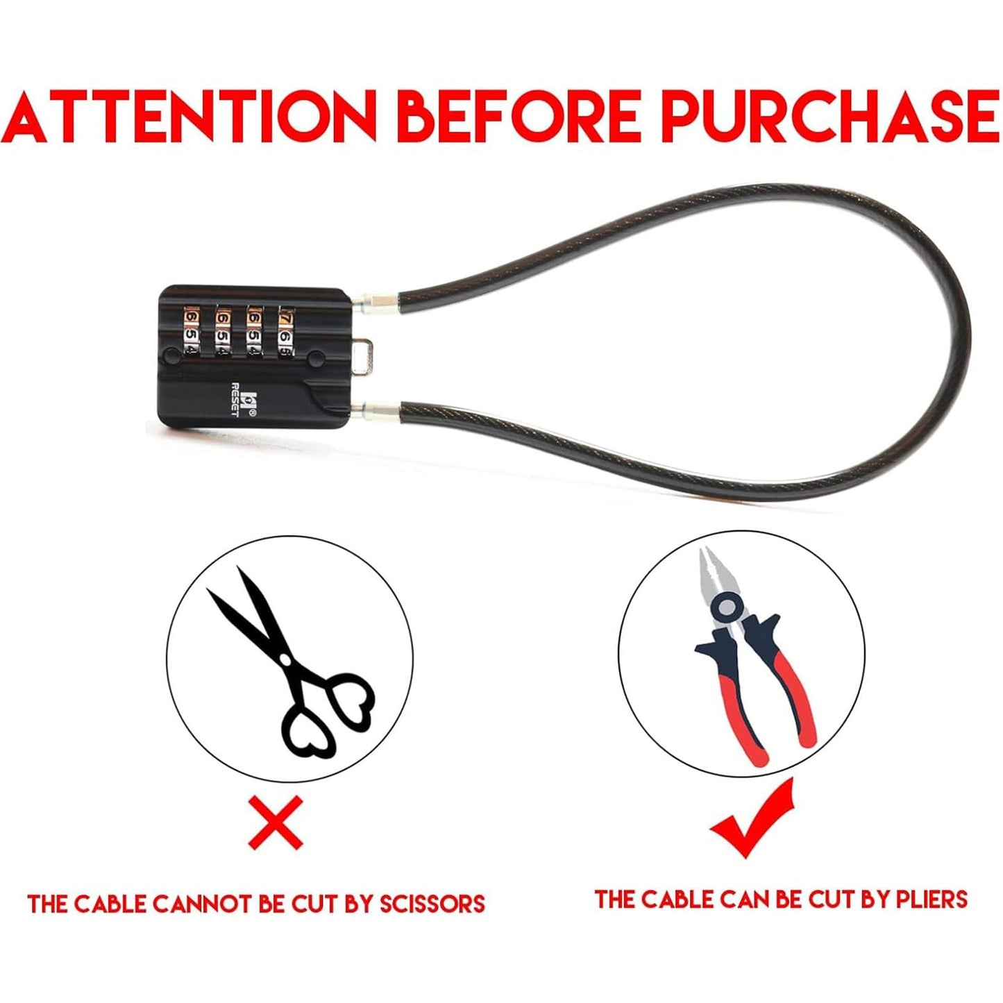 RESET-201 (2 Pack) 4 Digit Combination Padlock with 12 inch (30cm) Steel Cable,Cable Lock for Trash Can, Locker, Gym Locker, Luggage, Suitcase, Gun Case, Trigger,Helmet, 5mm Diameter, Black