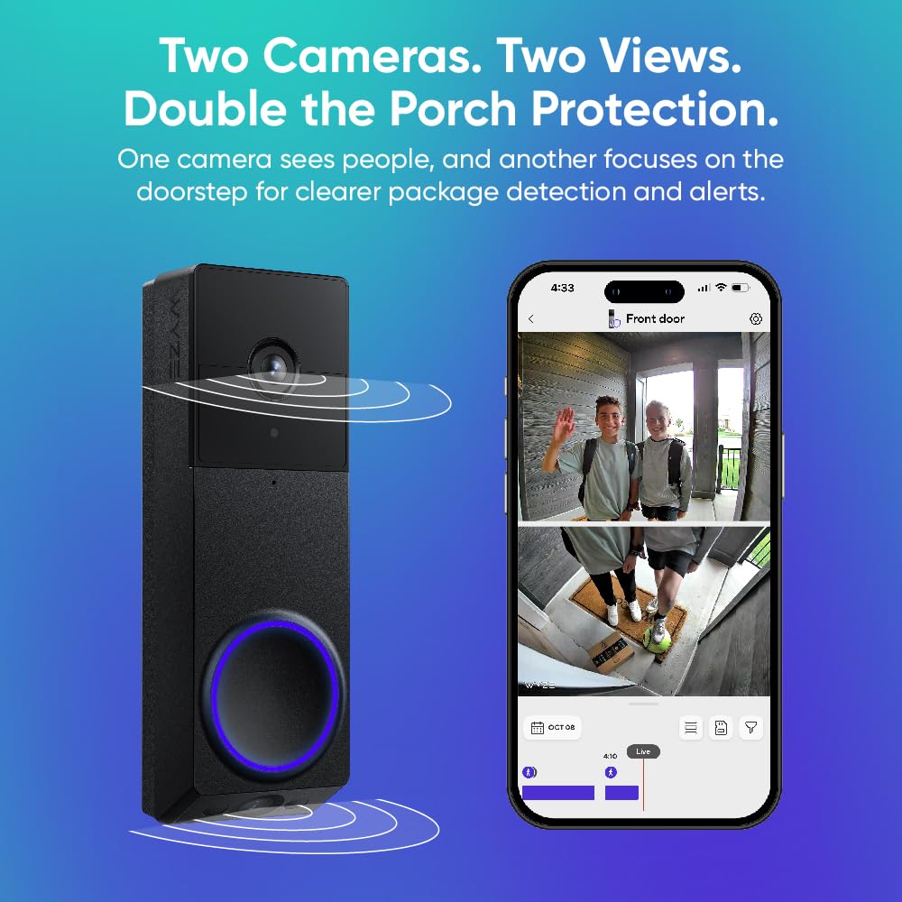 WYZE Wireless Duo Cam Video Doorbell (Chime Included), Battery Powered, 2K Full HD Video, 2 Cameras (People and Package), 2-Way Audio, Color Night Vision, Silver