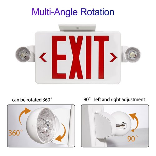 CM MZY LED Exit Sign with Emergency Lights,Exit Sign Light with Battery Backup, Red Letter Emergency Lights with Two Adjustable Heads,AC 120/277V, UL Certified,1PCS