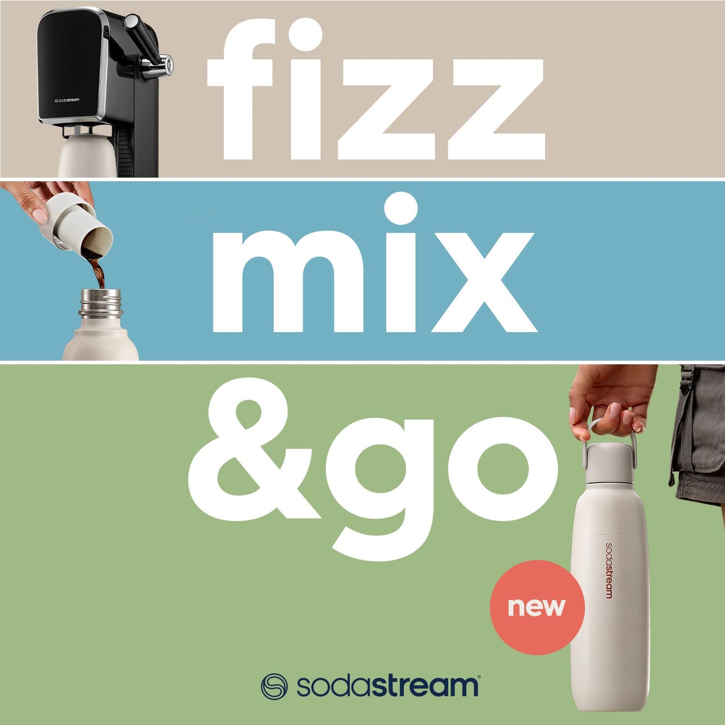 SodaStream - Fizz & Go Cool Bottle | Stainless Steel Carbonating Water Bottle | Keeps Drinks Cold 12 Hrs | Cupholder Friendly | Compatible with Pink CO2 cylinder machines | Mint color | 30.4 oz