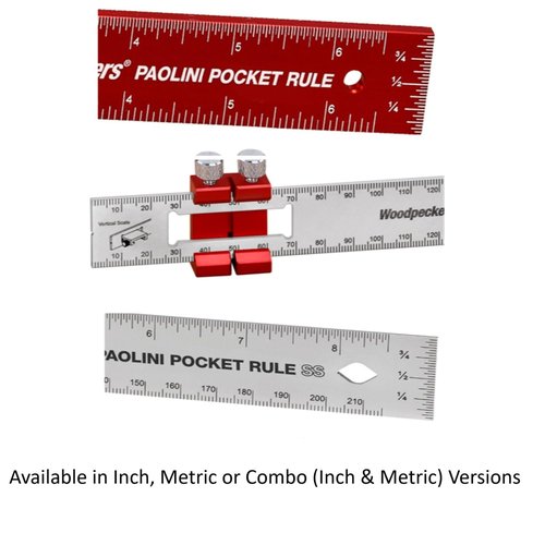 Woodpeckers Paolini Pocket Rule, Aluminum, 6 Inch, Woodworking Ruler with Sliding Stop, Vertical End Scale, Scribing Notch, Engraved Scales