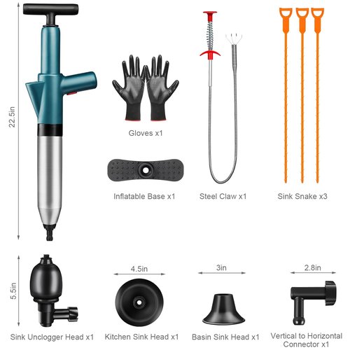 Toilet Plunger Drain Clog Remover: High Pressure Air Drain Blaster Gun Drain Clog Remover Tool- Stainless Steel Air Plunger for Bathroom, Sink, Floor, Kitchen Clogged