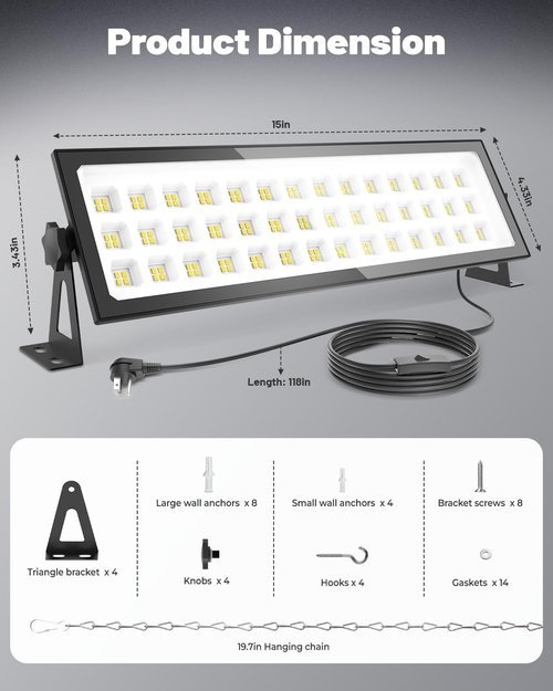 AGranTOP 2 Pack Linkable LED Shop Lights, 100W 15000LM Aluminum Plug in Garage Light w/ 9.84ft Power Cord and Switch, 6000K Daylight, for Garage, Workshop, Warehouse (Built-in Outlet)