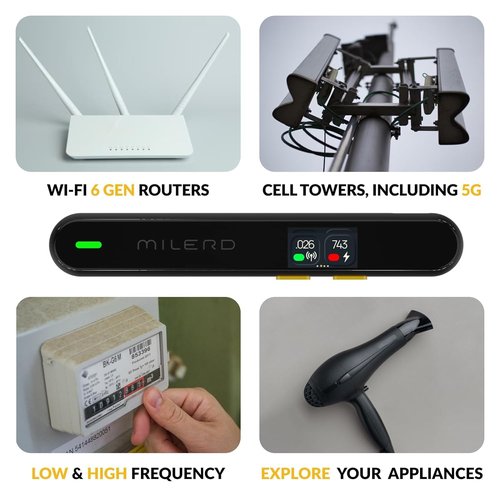 EMF Detector Rechargeable Radio Frequency Electromagnetic Field Radiation Meter 4-in-1 Handheld Digital Cell Phone 5g Detector with Dosimeter Mobile and WiFi Signal Strength Meter (Light Black)