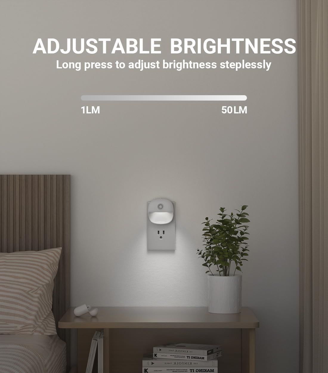 Lyridz Plug in Night Light with Motion Sensor and Dusk to Dawn Sensor, Dimmable Cool White Nightlight with 1-50lm Adjustable Brightness for Bedroom, Bathroom, Stairs, Hallway, 4 Pack