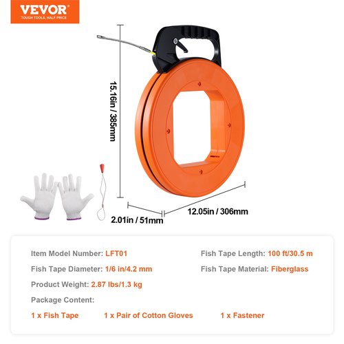 VEVOR Fish Tape, 100 ft, 1/6-inch, Fiberglass Wire Puller with Optimized Housing and Handle, Easy-to-Use Cable Puller Tool, Flexible Wire Fishing Tools for Wall and Electrical Conduit, Non-Conductive