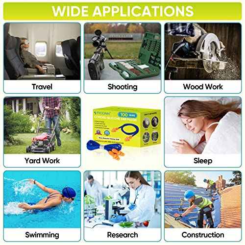 TICONN 12 Pairs Reusable Silicone Ear Plugs for Sleeping Noise Cancelling, 25dB NRR Corded Earplugs for Study Concentration Travel (12 Pairs)