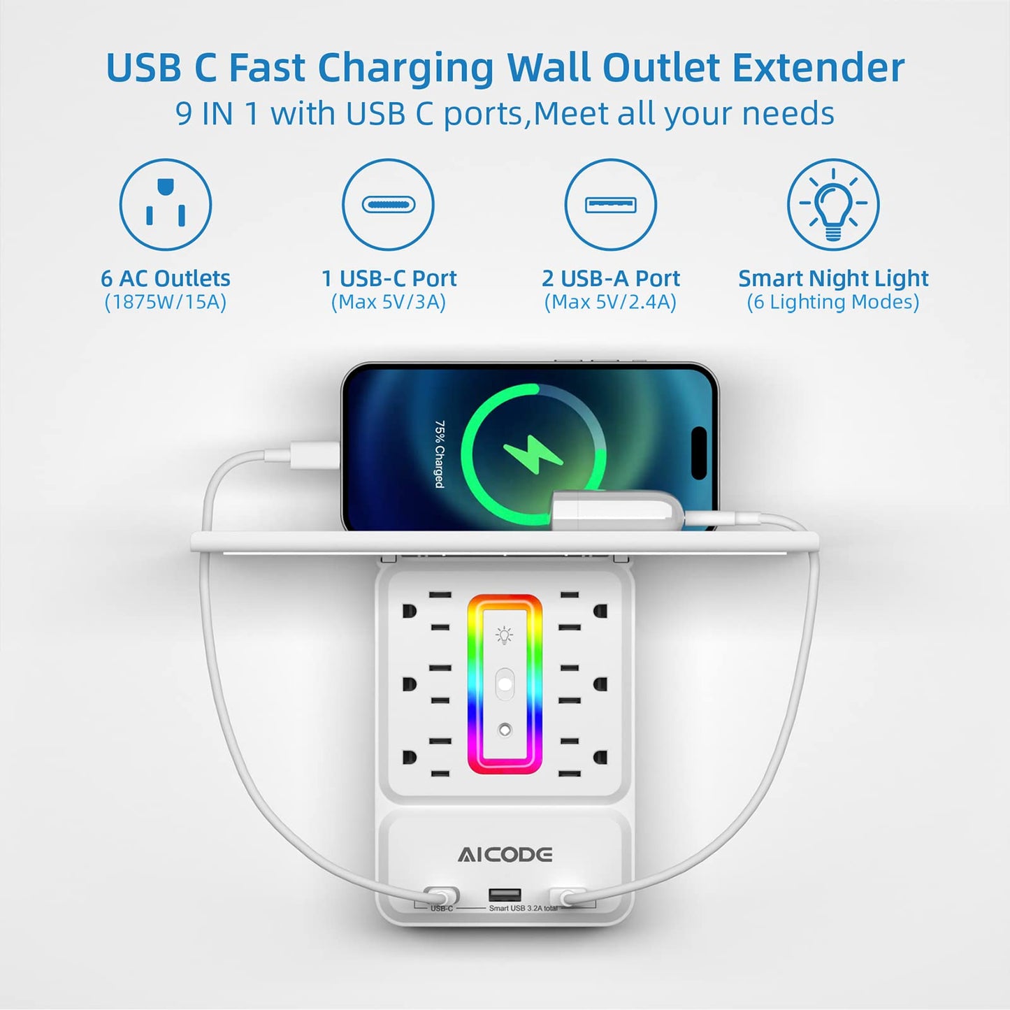 Wall Outlet Extender with Shelf, USB C Outlet with Surge Protector with Nightlight,6 Outlets with 3 USB Ports(2 USB A*1 USB C) Plug Expander Charger Large Shelf with Storage for Bathroom,Kitchen,Dorm
