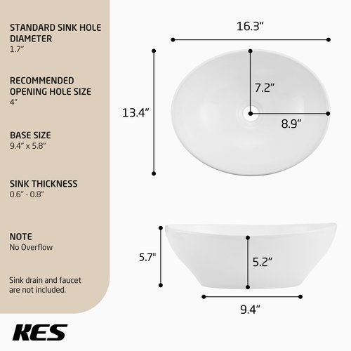 KES Bathroom Vessel Sink, Bowl Sink White Vessel Sink Oval Bathroom Sink 16" x 13" Countertop Modern Egg Shape Above Counter Bathroom Vanity Sinks Bowl, BVS124
