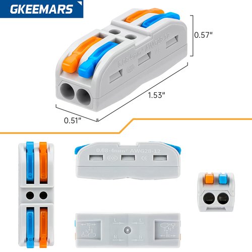 GKEEMARS 50 Pcs 2 Conductor Compact Connectors, Lever Wire Connectors Assortment Pack KV-212-50 Pcs