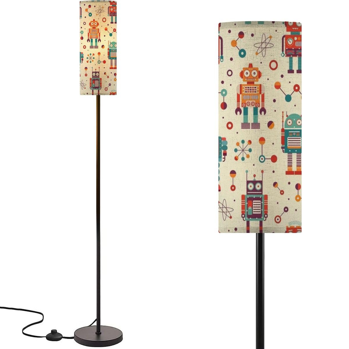 Modern Standing Lamps Vintage robots retro tin toys pattern Classic old school mechanical Floor Lamp Metal Pole Lamp with Linen Lampshade for Bedroom Living Room Office Nursery Reading Foot Switch