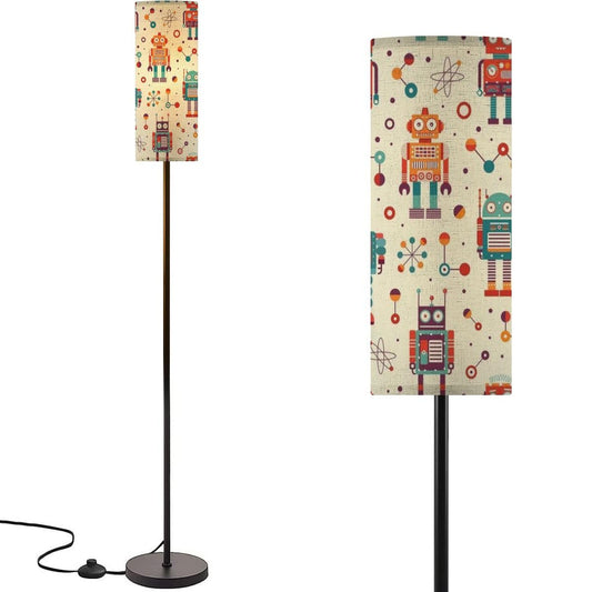 Modern Standing Lamps Vintage robots retro tin toys pattern Classic old school mechanical Floor Lamp Metal Pole Lamp with Linen Lampshade for Bedroom Living Room Office Nursery Reading Foot Switch