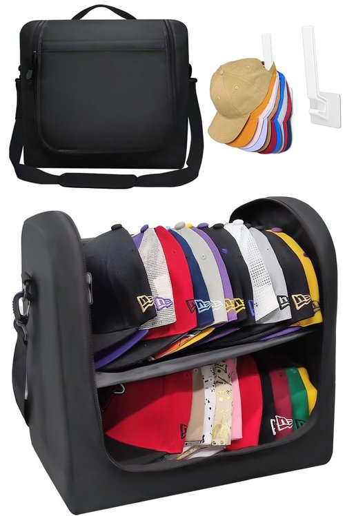 BRATEAYA Large Hat Bag for Baseball Caps, Portable Hat Organizer Carrier for Travel, Hat Storage Box Holder for 24 Snapback Caps, Baseball Cap Traveling Case for Men, Black, and Gift Hat Hooks