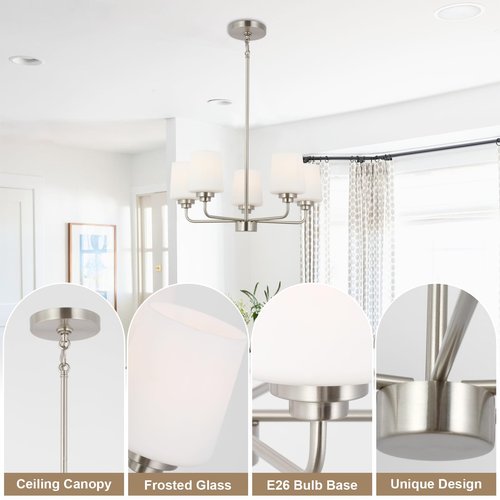 5-Light Dining Room Light Fixture, E26 Base Chandelier for Dining Room with White Shades, Modern Chandelier for Living Room, Dining, Kitchen Island (No Bulbs Included)