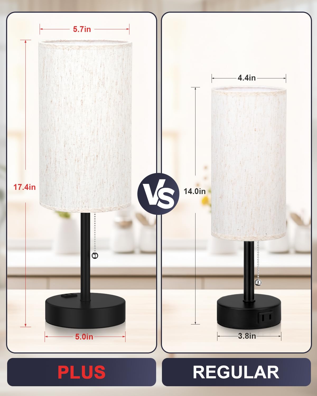 17.4" Large Bedside Table Lamps Set of 2 - 3 Color Temperatures Pull Chain Lamp with AC Outlet Charging Port, Round Night Stand Lamps for Bedroom Guest Room Office, Bed Side Light with E26 LED Bulbs