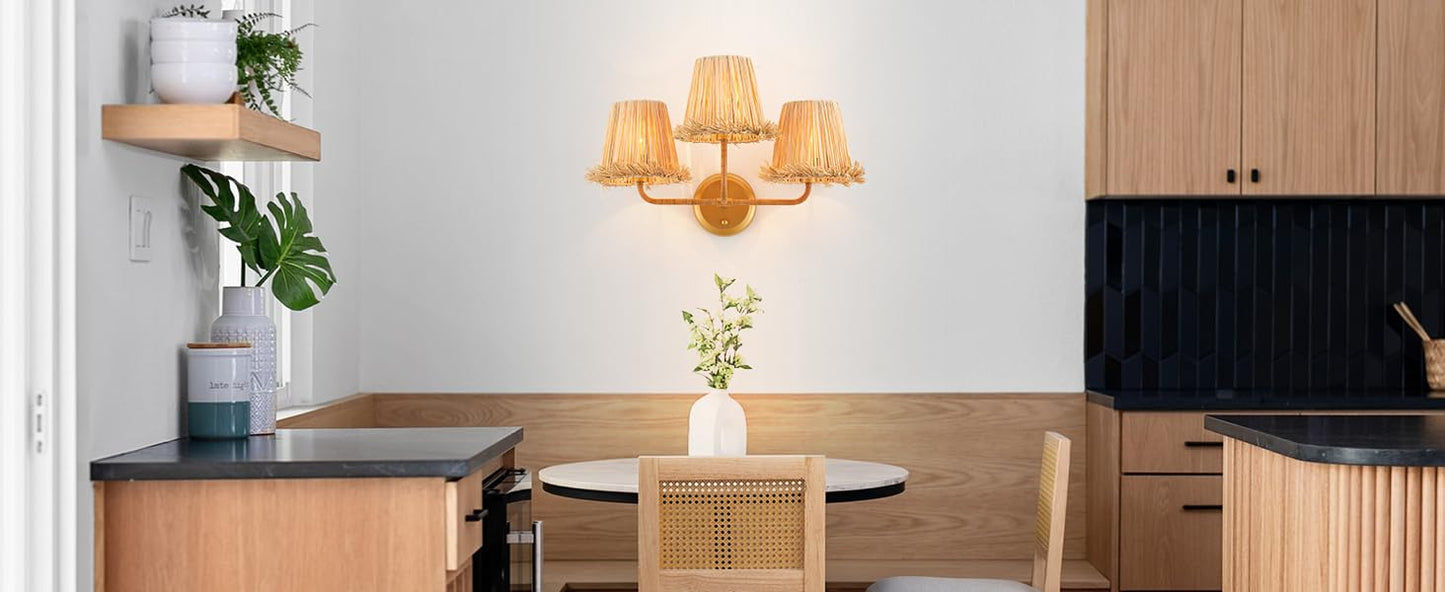 MhyTogn Boho Hand Woven Rattan Wall Sconces 3-Lights Wall Lamp Coastal Brass Wall Lights for Hallway Vanity Bedside Doorway, UL Listed