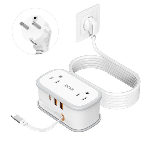 European Travel Plug Adapter, US to Europe Plug Adapter 2 Outlets 3 USB Ports, 5ft Power Cord with USB C Cable, Type E F Plug Adapter for US to Most of Europe Iceland Spain Italy France