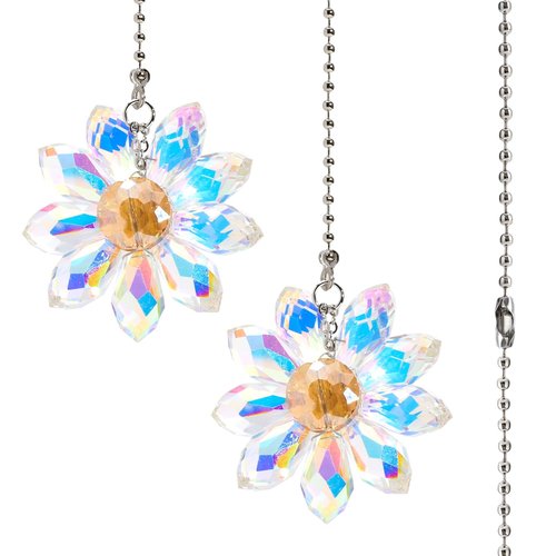 EXEXIUO 2Pcs Ceiling Fan Pull Chain,1.8" Crystal Glass Flower Pendants with 24" Ceiling Fan Chain Extender and Connector with Connector for Bathroom Toilet Light, Ceiling Light, Fan
