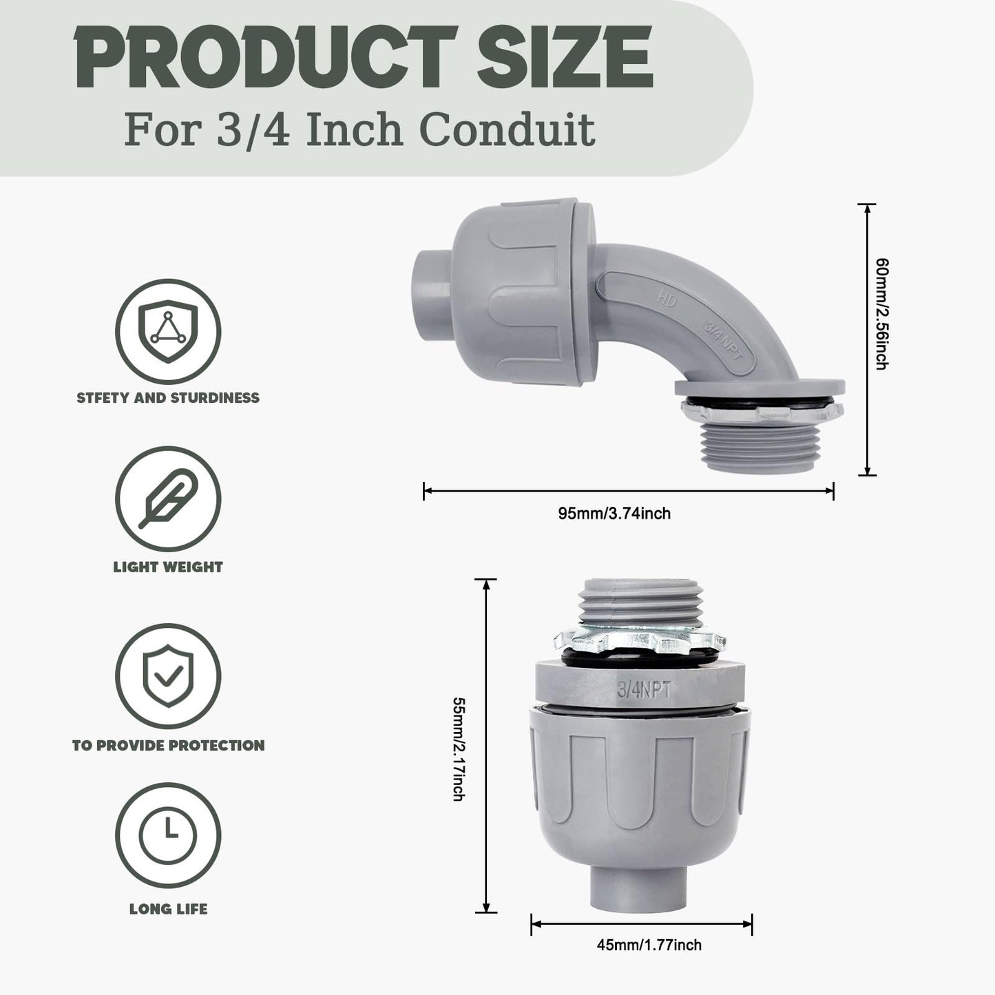 Feotech 30 Pack 3/4 Inch Liquid Tight Connectors - PVC Electrical Conduit Fittings, Straight, 90 and 180 Degree Non-Metallic Flexible Connectors for Home, Bathroom, and Kitchen, Gray