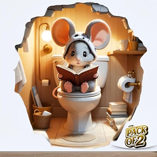 3D Cute Little Mouse on Toilet Reading Book Wall Decal Sticker, Pack of 2, Size 4 inches