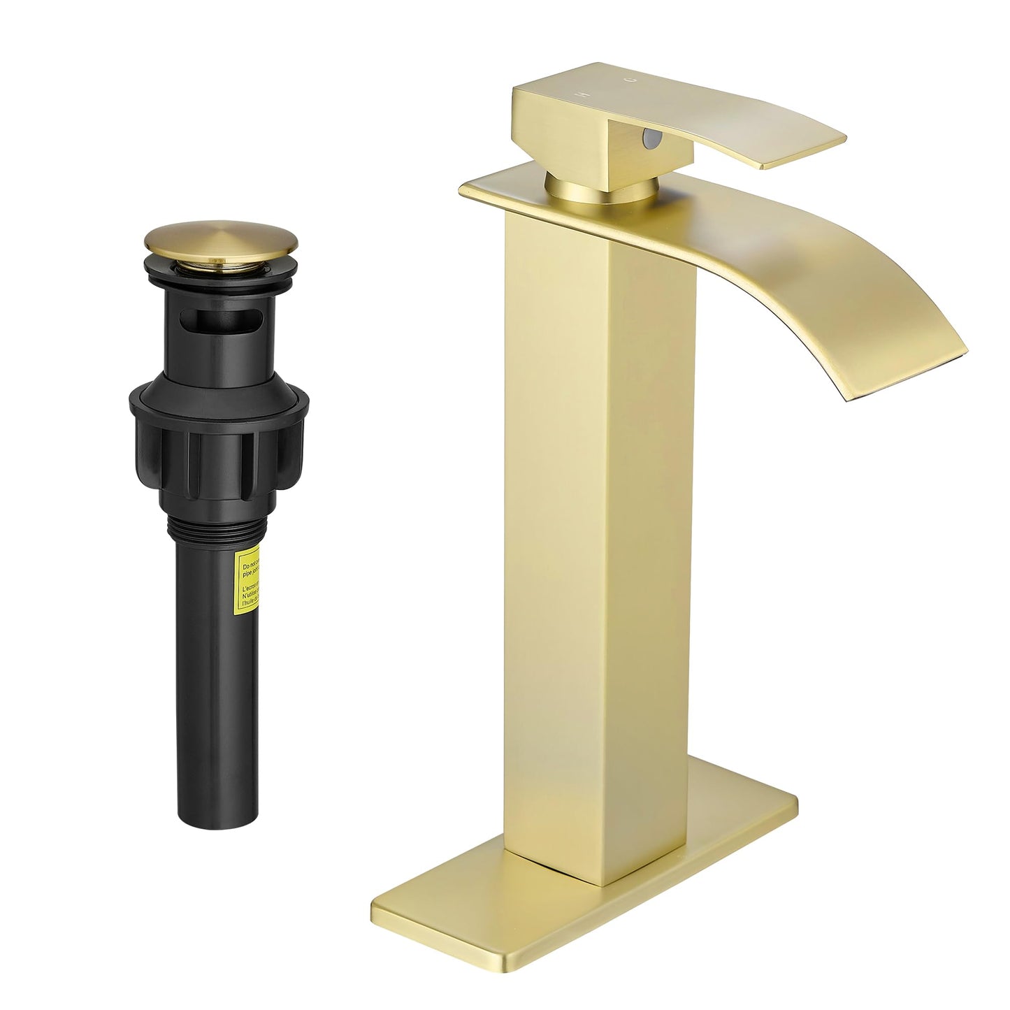Fransiton Tall Vessel Sink Faucet Brushed Gold Faucet for Bathroom Sink Tall Waterfall Bathroom Faucet Single Handle 1 or 3 Hole Wash with Pop-up Drain