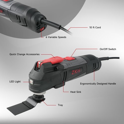 ZKH Oscillating Tool, 3.2 Amp Oscillating Saw, 3.5° Oscillation Angle, 10,000 to 22,000 OPM Oscillating Multi Tool with Tool-Free Blade Change, 26PS Accessories,10 ft Cord, Tool Bag for Sanding