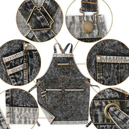 Jeanerlor - Denim Hair Stylist Tool Apron with Pockets for Women - Jean Work Apron Cross Straps & Adjustable S to M (Black)