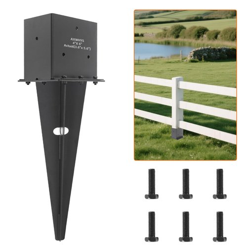 2 Set 4"x 6" Fence Post Anchor Ground Spike, 22" Heavy Duty Metal Fence Stake Post Bases (Inner Size 3.6"x5.6") with Black Powder Coated for Fence, Deck, Railing, Mailbox and Porch