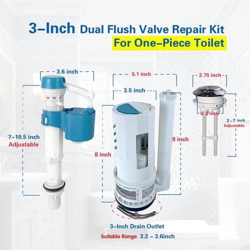 NANABIMIC 3 Inch Top Dual Flush Valve Repair Kit for One Piece Toilet (10"-13" Tank Height) - Fits 3.2"-3.6" Drain Holes | Includes 3 Inch Flush Valve, 2.2" Thread Push Button, Fill Valve