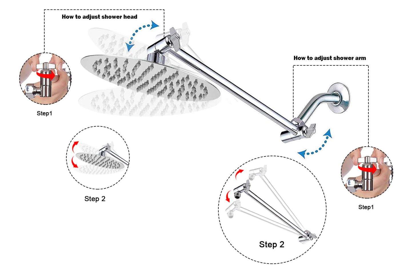 NearMoon Adjustable Shower Arm Universal Connection, Extension Arm, Adjust Angle to Upgrade Shower Experience, Easy to Install, Anti-leak (11 Inch, Chrome Finish)