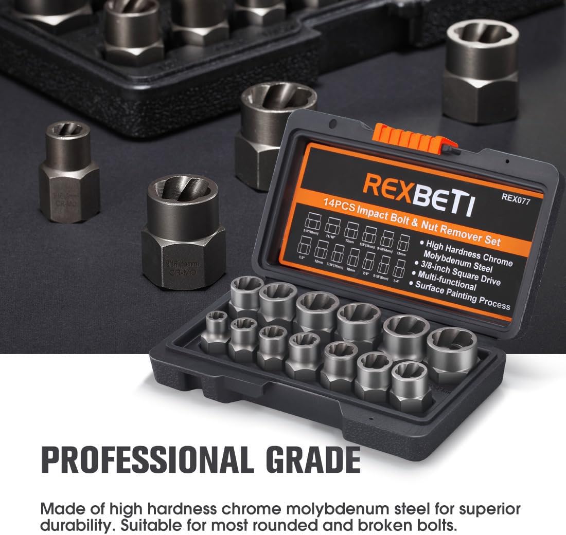 REXBETI Impact Bolt & Nut Remover Set, 13+1 Pieces Bolt Extractor Tool Set with Solid Storage Case