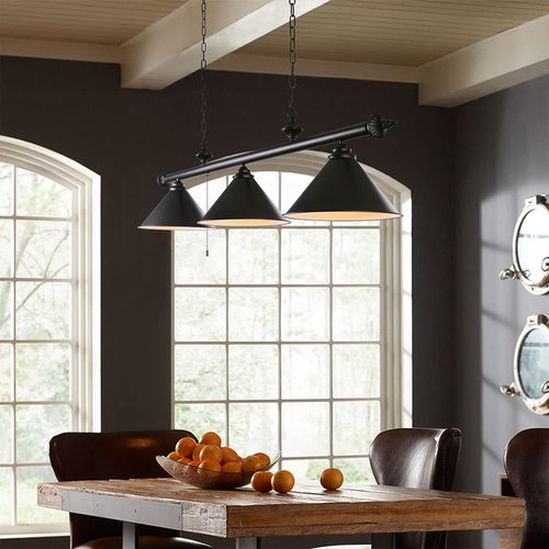 mirrea 59in Billiard Pool Table Light with Pull Chain Switch on Pendant Light Fixture 3 Lights with Matte Black Shade