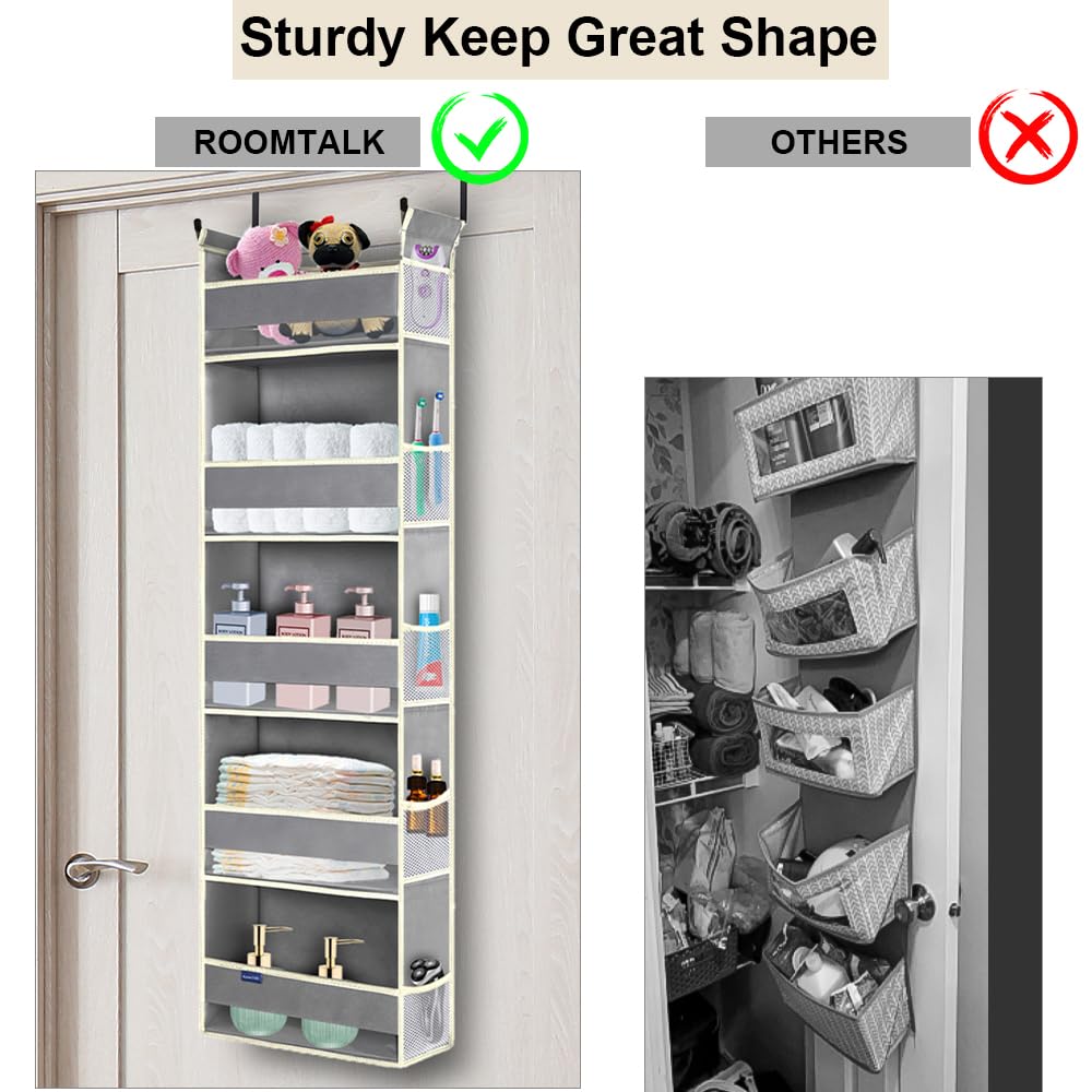 roomtalk Over The Door Organizer 5-Shelves and 10 Side Pockets, Over The Door Storage for Bathroom Bedroom Nursery, Hanging Door Organizer for Baby Diapers and Kids Toys (13"x5"x44", Grey)