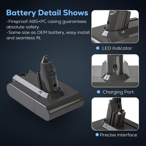 New Upgraded 6500mAh V6 Battery Replacement Compatible for Dyson V6 Animal/Absolute/Motorhead/Fluffy SV03 SV04 SV05 SV06 SV07 SV09 DC58 DC59 DC61 DC62 DC72 DC74 6 Cell VTC4 Vacuum Battery