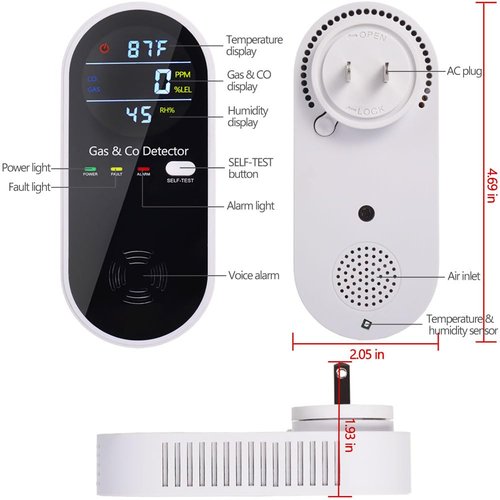Combination Gas & Carbon Monoxide Detector Plug in Wall, WESHLGD Portable Natural Gas and Carbon Monoxide Detector for Travel, 4 in 1 CO and Gas Detector with Temperature Humidity Display - 1Pack
