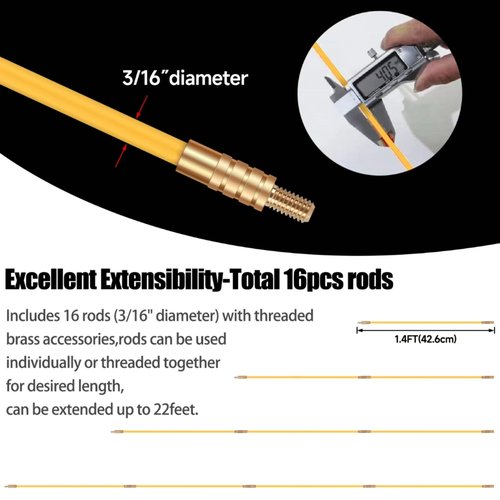 GURADESIGN 23.8FT Fiberglass Running Electrical Wire Cable Glow Rods Wire Pulling, Fish Rods Electrical Kit with 6 Different Attachments and Fish Tape Wire Puller Kit (Yellow)