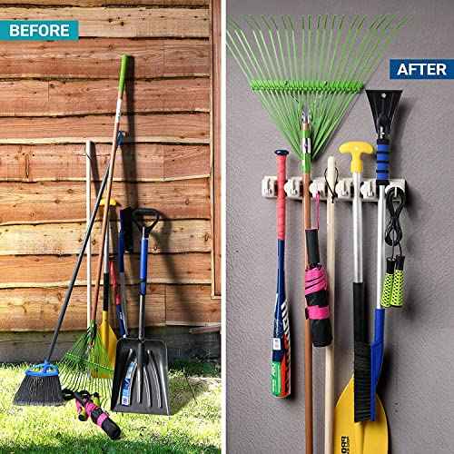 Mop and Broom Holder Wall Mount 2 Pack - Garage Storage Organizer with 5 Slots, 6 Hooks, 7.5lbs Capacity Per Slot - Home, Kitchen, Closet, Laundry Room Organization ? Off-White Broom Hanger