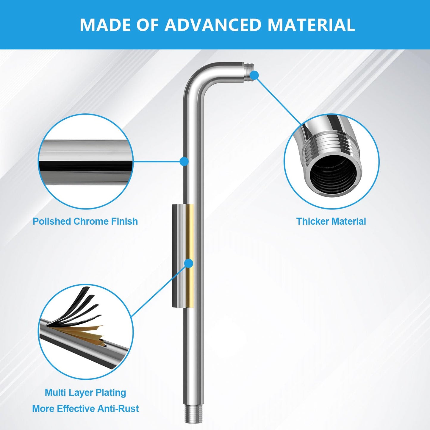 Lordear Shower Arm Chrome 16 Inch Shower Extension Arm L Shape Polished Chrome Stainless Steel Long Shower Head Extension Tube, Shower Extender Arm with Flange