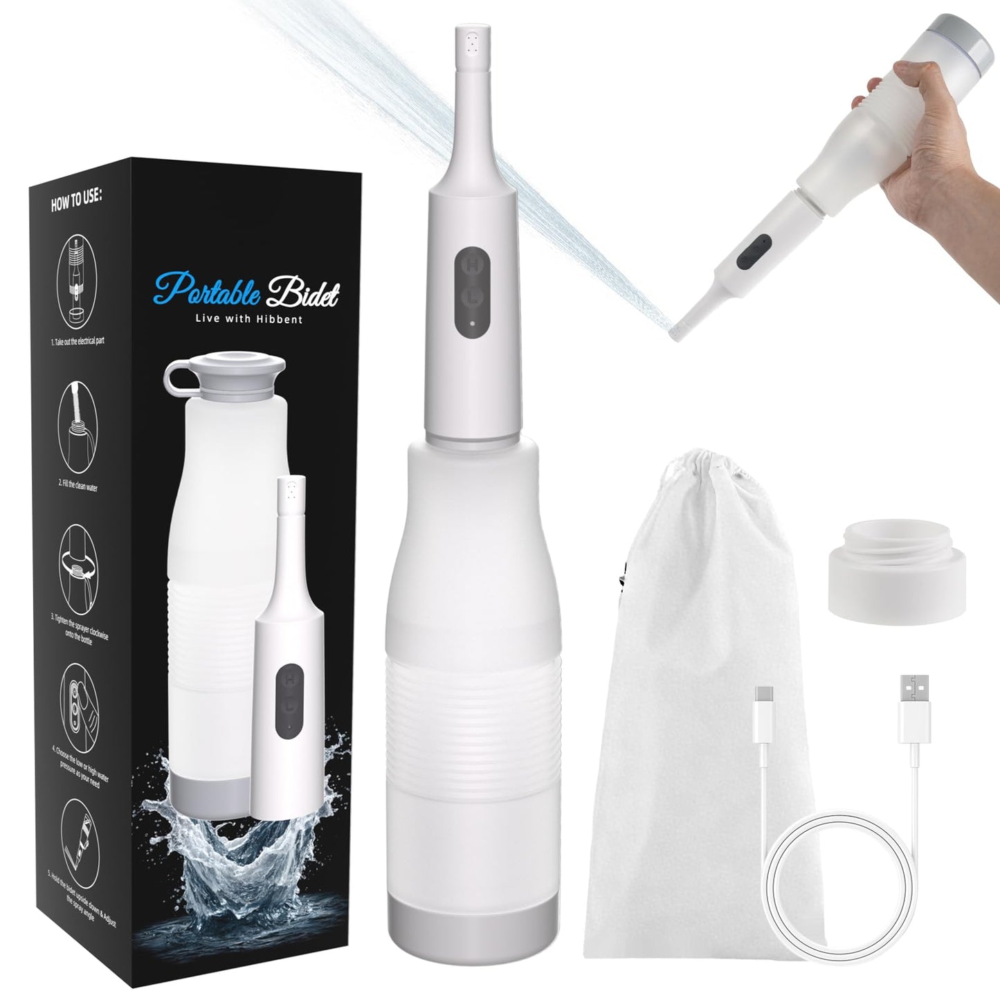 Hibbent Portable Bidet for Travel, High Pressure Electric Handheld Bidet Sprayer, 350-550ML Expandable Bottle for Personal Hygiene, USB-C Rechargeable Waterproof, Travel Sprayer for Women & Men, White