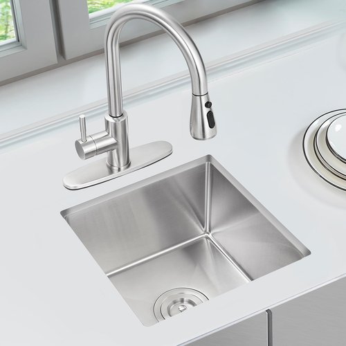 MENATT 15 x 15 Inch Undermount Bar Sink, Single Bowl Handmade Stainless Steel Small Kitchen Bar Sink, 15" x 15" x 8"