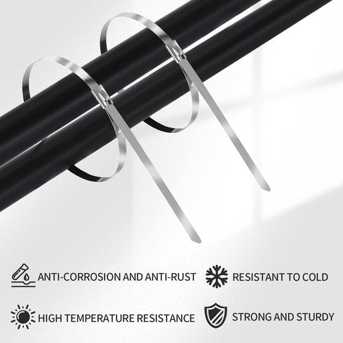 Metal Zip Ties 11.8 inch 100pcs 304Stainless steel Heavy duty Multi-purpose Self-locking Cable Ties Suitable for in machinery, vehicles, farms, pipes, roofs,cables, as well as Outdoor binding