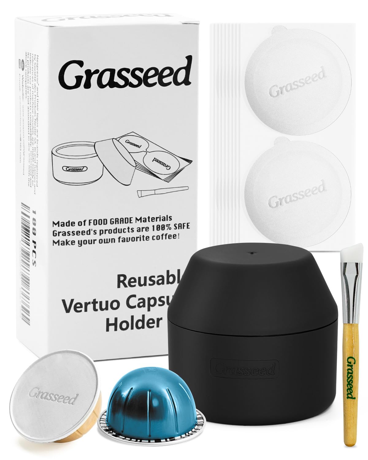 Grasseed Reusable VertuoLine Capsule Kit for Nespresso Pods with 100Pcs Aluminum Foil Seals Lids, Refillable Coffee Pods for VertuoLine to Refill Pods