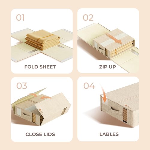 4 Pack Sheet Storage Organizer (King & Queen Size) with handle, Foldable Sheet Set Organizer for Linen Closet, Sheet Organizer for Blanket, Coverlet and Towel, Beige