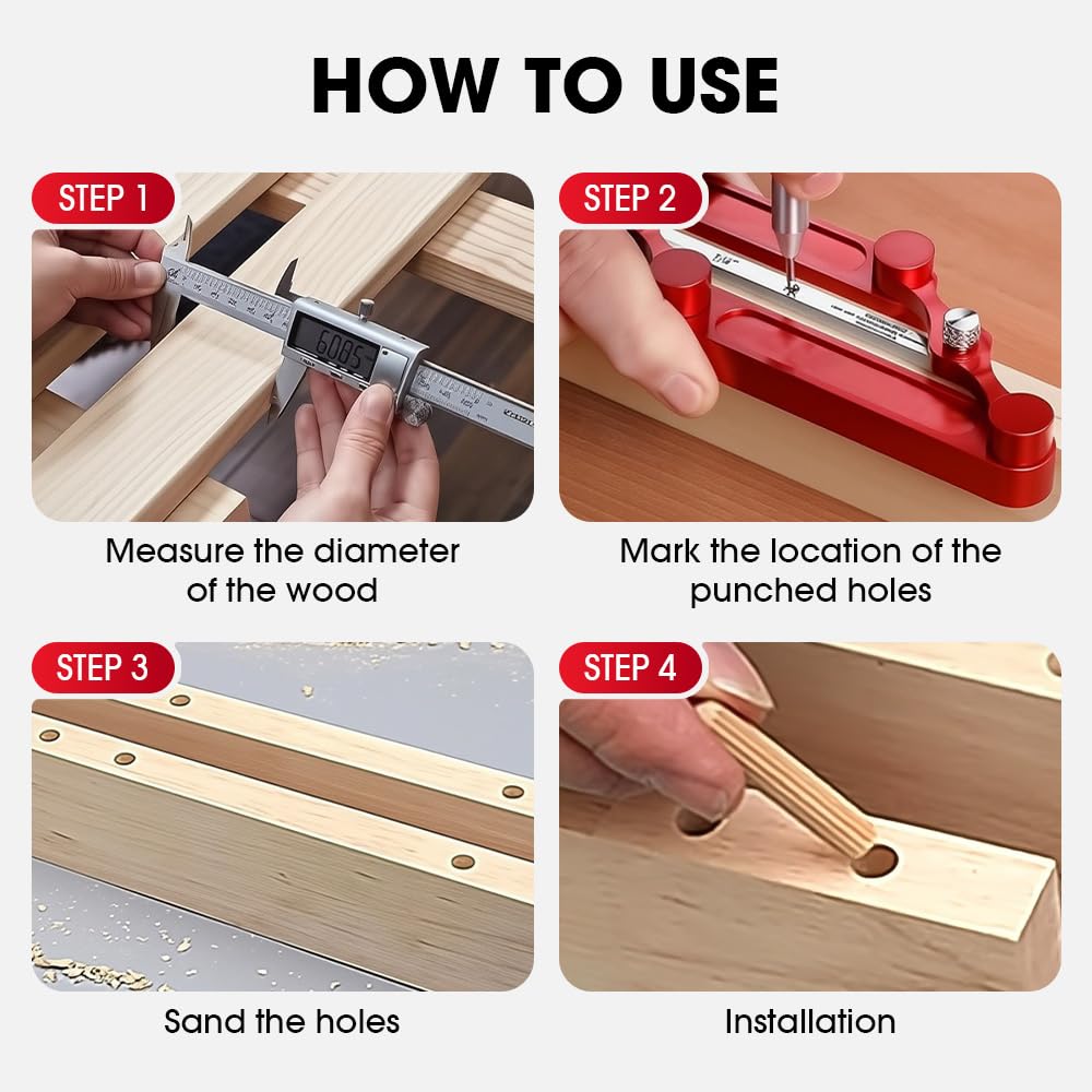 Yonynn Center Gauge & Doweling Jig Kit, Self-Centering Doweling Jig with 1/4", 5/16", 3/8" Drill Guides + Stainless Steel Center Gauge, Marking Gauge Woodworking Tool (Metric & Inch) (3)