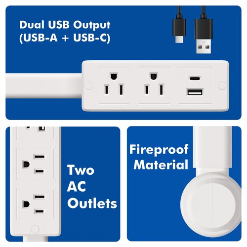 Electrical Outlet Extender Stick with USB-A & USB-C, 2 AC Outlets, 22"-34" Extendable Rotating Outlet Plugs Stick, 180° Rotatable, ETL-Certified, Phone Ledge for Couches, Nightstands, Desks, and More