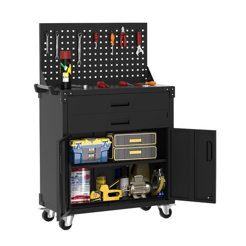 EcoSummer Heavy Duty Steel Rolling Tool Cabinet with Wheels, 2 Drawer, Pegboard, Adjustable Shelves 2 Doors, 35” Mobile Storage for Garage, Workshop, Warehouse Organization