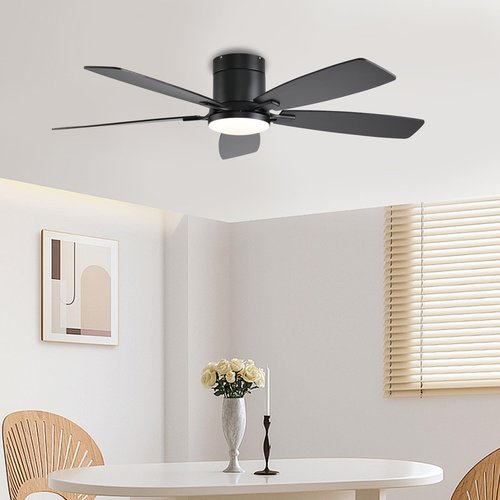52inch Ceiling Fans with Lights, Low Profile Ceiling Fan with Light and Remote/APP Control, Flush Mount, Reversible Motor, Dimmable LED, Noiseless, Black Ceiling Fan for Bedroom Indoor Outdoor Use